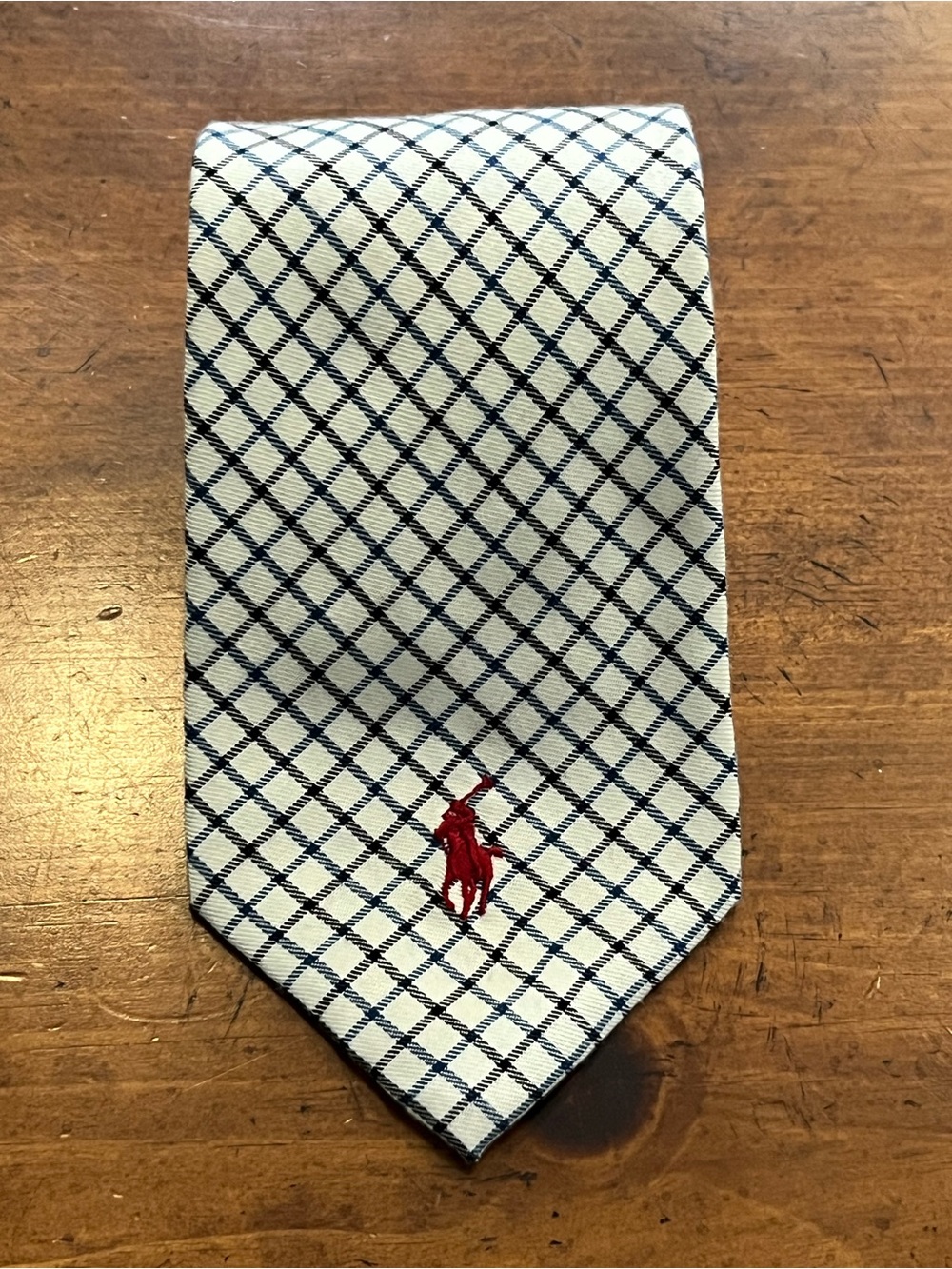 Polo Ralph Lauren White Tie with Navy Black Windowpane and Red Pony USA 1990s
